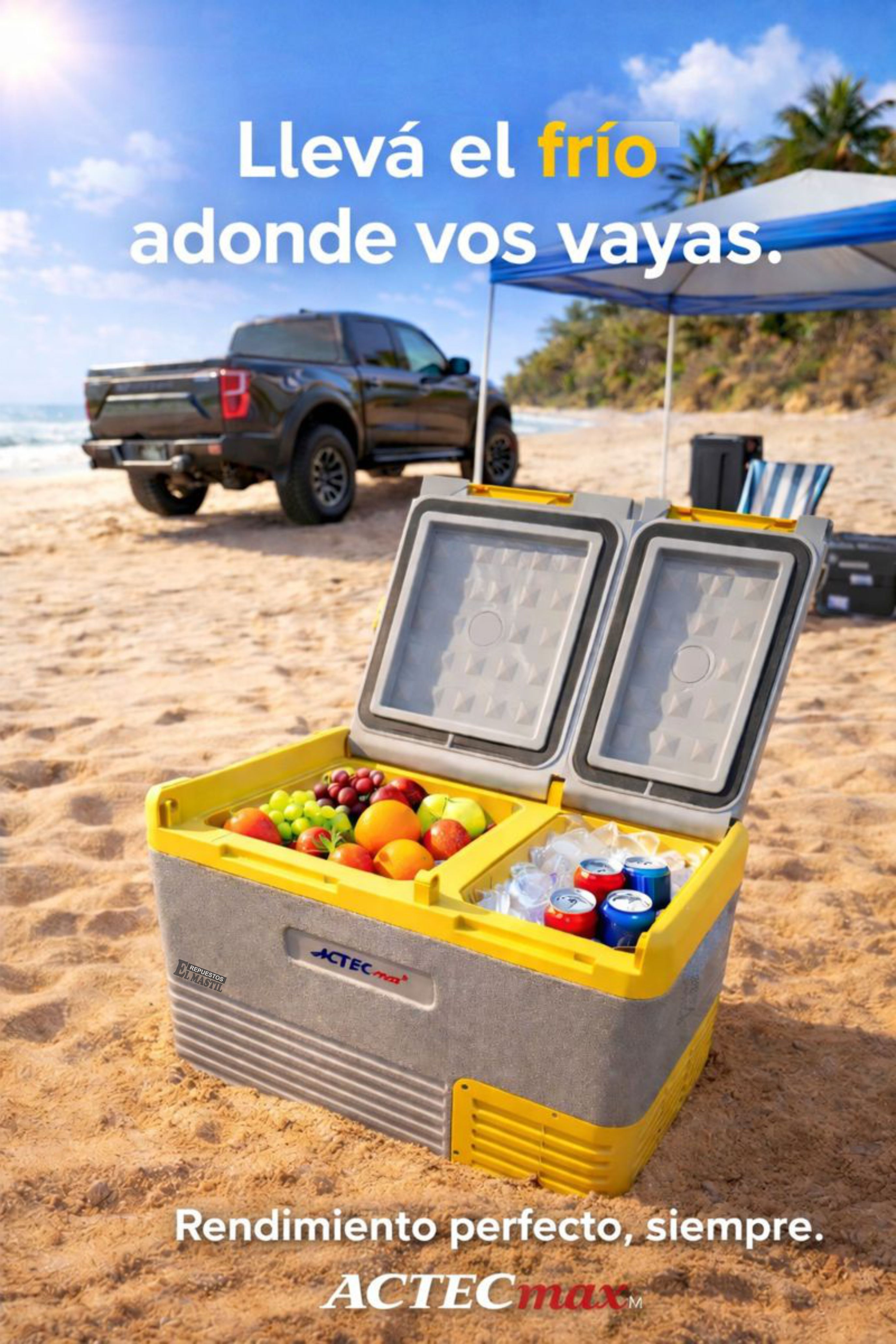 Heladera portátil ACTECmax abierta en una playa junto a una camioneta